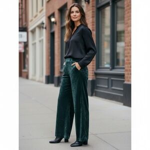 Net-A-Porter True Royal Eva Velvet Wide Leg Pants 40 Teal Green Made in Italy